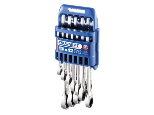 The Expert E111137 Rapid Ratchet Spanner Set with a 5° increment and a straight 12-point ring end. Switch of direction by turning the wrench. Forged from chrome vanadium steel with a high chrome finish.Supplied on a plastic storage rack with the following sizes: 8, 9, 10, 11, 12, 13, 14, 15, 16, 17, 18 and 19mm.