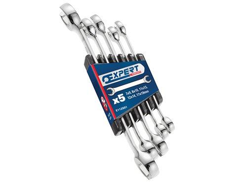 The Britool E112301B flare nut spanners are forged in chrome vanadium steel with a high chrome finish. The 6-point OGV® ring is angled at 15° and the open end is angled at 15° from the handle axis. DIN 3118 - ISO 691.The Britool BRIE112501B 5 piece flare spanner set is supplied on a plastic storage rack and includes the following flare spanners:Contents: 7x9, 8x10, 11x13, 12x14 and 17x19mm.Set Weight: 470g