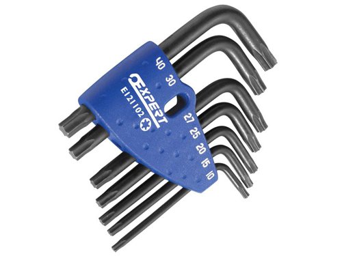 The Britool BRIE121102B set of 7 Torx® keys are crafted in chrome vanadium steel with a black phosphate finish.Retainer clip for easy storage and transport. The Britool BRIE121102B hex key set comprises of the following sizes:-7 x Torx keys TX10, TX15, TX20, TX25, TX27, TX30 and TX40.