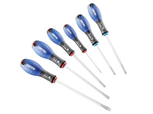 These Britool screwdrivers have a bi-material ergonomic comfortable and effective handle. In addition, they have a round chrome plated blade in chrome vanadium steel each with a sand blasted tip.The 6 piece screwdriver set consists of:2 x Parallel Slotted Screwdrivers 3.5x75 and 5.5x125mm. 2 x Flared Slotted Screwdrivers 6.5x150 and 8x175mm2 x Pozidriv Screwdrivers PZ1x100 and PZ2x125mm.