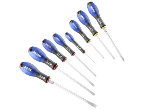 The BRIE160904B Screwdriver Set contains screwdrivers that have a bi material ergonomic comfortable and effective handle. In addition, they have a round chrome plated blade in chrome vanadium steel each with a sand blasted tip.The Britool BRIE160904B 8 piece screwdriver set includes:2 x Parallel Slotted Screwdrivers: 3x50 and 4x100mm.3 x Flared Slotted Screwdrivers: 5.5x125, 6.5x150 and 8x175mm.3 x Phillips Screwdrivers: PH0x75, PH1x100 and PH2x125mm.