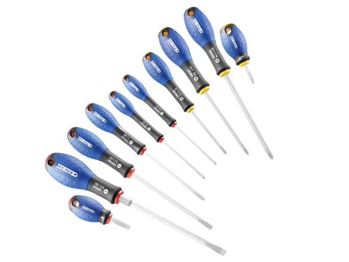 10 Piece BRIE160905B Screwdriver Set with bi-material, ergonomic handles. In addition, they have a round chrome plated blade in chrome vanadium steel each with a sand blasted tip. Contains:6 x Flared Slotted: 2.5 x75mm, 3.0x75mm, 4.0 x100mm, 5.5 x 125mm, 6.5 x 150mm and 4.0 x 30mm. 4 x Phillips: PH0 x 75mm, PH1 x 100mm, PH2 x 125mm and PH2 x 30mm.