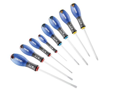 These Britool screwdrivers have a bi material ergonomic comfortable and effective handle. In addition, they have a round chrome plated blade in chrome vanadium steel each with a sand blasted tip.The 8 piece Britool BRIE160907B screwdriver set includes 2 x Parallel slotted screwdrivers 3x50 and 4x100mm2 x Flared slotted screwdrivers 5.5x125 and 6.6x150mm2 x Pozidriv screwdrivers PZ1x100 and PZ2x125mm2 x Phillips screwdivers PH1x100mm and PH2X125mm