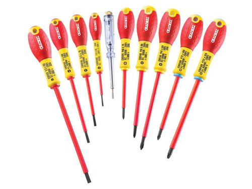 10 Piece E160912 Insulated Screwdriver Set with bi-material, ergonomic handles. Each product is tested to 10,000 volts designated with a blue bit colour code and incorporating a round burnished blade with insulation in orange PVC. Confroms to EN 60900. Contains:4 x Slotted: 2.5mm x 50mm, 3.5x 75mm, 4.0 x 100 and 5.5 x 150mm.2 x Pozidriv: PZ1 x 100mm and PZ2 x 125mm.3 x Phillips: PH0 x 75mm, PH1 x 100mm and PH2 x 125mm1 x Voltage Testing Screwdriver: 100/500 V.