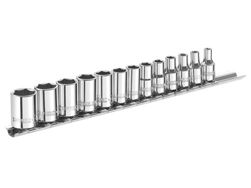 The Britool BRIE194675B 13 piece 1/4 inch socket set includes the following cold forged metric hexagon sockets:4, 4.5, 5, 5.5, 6, 7, 8, 9, 10, 11, 12, 13 and 14mm. Supplied complete with a metallic rack.Weight: 370g