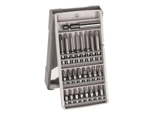 Bosch Screwdriver Bit Set supplied in an ‘easy to select’ flip-over case.Contains:3 x 25mm Phillips Bits: PH1, PH2 and PH33 x 25mm Pozidriv Bits: PZ1, PZ2 and PZ34 x 25mm TORX Bits: TX15, TX20, TX25 and TX303 x 25mm Hex Bits: 4, 5 and 6mm3 x 25mm Slotted Bits: 4.5, 5.5 and 8mm3 x 50mm Phillips Bits: PH1, PH2 and PH33 x 25mm TORX Bits: TX15, TX20 and TX252 x 25mm Slotted Bits: 4.5 and 5.5mm1 x Magnetic Adaptor