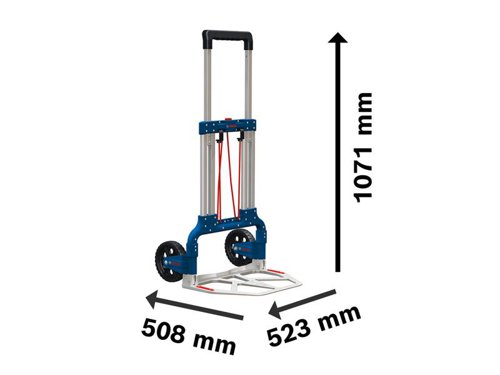 The Bosch 0A00 L-BOXX Collapsible Hand Truck has a lightweight yet durable Aluminium construction. The base plate and elastic band enable you to safely transport L-BOXX elements. Its collapsible handle and wheels enable space-saving storage.Specifications:Load-bearing Capacity: Ground 12kg, Stairs 60kg.Dimensions (WxLxH): 490 x 790 x 80mm.Weight: 7.1kg.