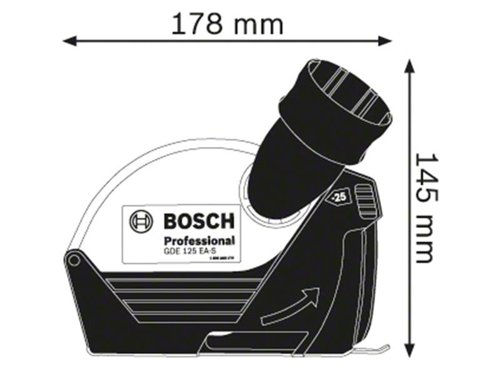 Bosch GDE 125 EA-S Professional Grinder Dust Extraction for Bosch Professional angle grinders with 125mm disc diameter and protective guard with screw cap. It can be mounted in two easy steps without disassembling the disc, or the protective guard, for maximum convenience. The dust guard's shape is optimised for clean and tidy operation. It also has an adjustable cutting depth for work requiring precision.Compatible with: GWS 7-125â€¦, GWS 9-125 P, GWS 700/710/750/880/900 (˜125mm) and GWS 18-125 V-Li.Specifications:Max. Cutting Depth: 25mm.Weight: 0.3kg.