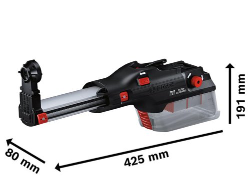 Bosch GDE 28 D Professional Dust Extractor for use when drilling or hammer drilling with the GBH 18V-28 DC Professional. With a very compact and lightweight design of only 0.8kg, it offers excellent ergonomics. It can be easily assembled by just one click, and emptying of the dust box is convenient without removal of the filter.Its filter cleaning mechanism which taps out the high-quality HEPA filter helps maintain constant airflow and provides outstanding dust extraction results. Highly flexible thanks to two interchangeable dust eyes for drilling up to 28mm in diameter and an extension for bits up to 265mm in length, it is ideal for a wide range of jobs.Specifications:Max. Drilling Diameter: 28mm.Max. Drilling Depth: 100mm.Max. Drill Bit Length: 265mm.Weight: 0.8kg.