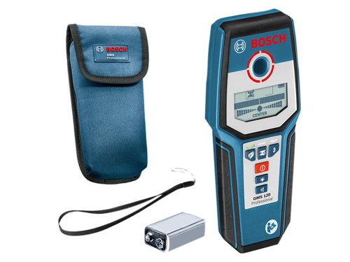 The Bosch GMS 120 Professional Detector provides simple detection for safer work. Automatic calibration helps you to avoid application errors, making it ideal for confident work. From wooden substructures in drywall (3.8cm) and live cables (5cm) to non-ferrous (8cm) and ferrous metal (12 cm), this versatile tool detects a variety of materials for deep scans up to 12cm.The GMS 120 Professional also includes a Centre Finder for a pinpoint indication of the centre of detected objects along with a reading of material properties. Its luminous three-colour LED ring clearly indicates whether or not objects are detected and features a marking hole within the ring for direct notation of each scanning result. This robust tool has rubber protection, a shockproof housing, and a water and dust protection class of IP54.Specifications:Max. Detection Depth: 120mm.Max. Magnetic Metal Detection Depth: 120mm.Max. Non-magnetic Metal Detection Depth: 80mm.Max. Live Cable Detection Depth: 50mm.Max. Wooden Substructures Detection Depth: 38mm.Dust and Splash Protection: IP54.Power Supply: 1 x 9 V 6LR61 (supplied).Automatic Deactivation: 5 minutes approx.Weight: 0.27kg.