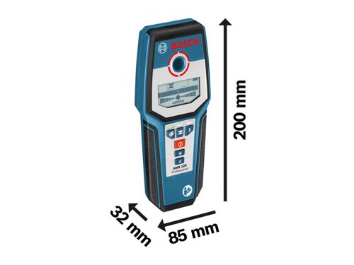 The Bosch GMS 120 Professional Detector provides simple detection for safer work. Automatic calibration helps you to avoid application errors, making it ideal for confident work. From wooden substructures in drywall (3.8cm) and live cables (5cm) to non-ferrous (8cm) and ferrous metal (12 cm), this versatile tool detects a variety of materials for deep scans up to 12cm.The GMS 120 Professional also includes a Centre Finder for a pinpoint indication of the centre of detected objects along with a reading of material properties. Its luminous three-colour LED ring clearly indicates whether or not objects are detected and features a marking hole within the ring for direct notation of each scanning result. This robust tool has rubber protection, a shockproof housing, and a water and dust protection class of IP54.Specifications:Max. Detection Depth: 120mm.Max. Magnetic Metal Detection Depth: 120mm.Max. Non-magnetic Metal Detection Depth: 80mm.Max. Live Cable Detection Depth: 50mm.Max. Wooden Substructures Detection Depth: 38mm.Dust and Splash Protection: IP54.Power Supply: 1 x 9 V 6LR61 (supplied).Automatic Deactivation: 5 minutes approx.Weight: 0.27kg.