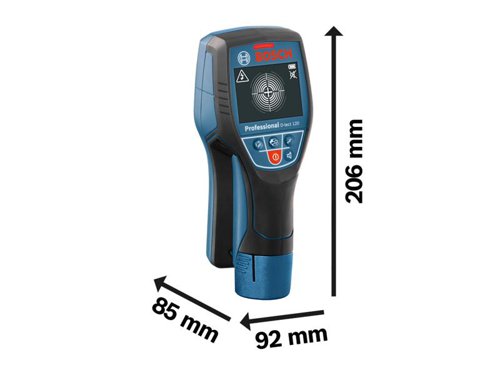 The Bosch D-TECT 120 Professional Wall Scanner is an intuitive radar scanner for almost all materials. Spot measurement provides accurate detection on narrow surfaces, while the centre finder shows the precise location of an object's centre. It has a simple user interface with three self-explanatory selection buttons for adjusting to various applications and it is able to detect objects at depths of up to 12cm. Audio and visual signals notify the user when objects are detected in the wall.It is suitable for a range of craftsmanship disciplines to locate pipes filled with water and cables as well as to avoid drilling mishaps when performing carpentry, plumbing, electrical, and HVAC applications.Dual Power Source technology allows for use with both a 12V Li-ion battery or standard alkaline batteries. Supplied with: 1 x AA1 Alkaline Battery Adaptor, 4 x AA 1.5 V LR6 Batteries and 1 x Pouch.Specifications:Max. Detection Depth: 120mm.Max. Magnetic Metal Detection Depth: 120mm.Max. Non-magnetic Metal Detection Depth: 80mm.Max. Live Cable Detection Depth: 60mm.Max. Wooden Substructures Detection Depth: 38mm.Power Supply: 12V Li-ion or 4 x AA 1.5 V LR6 Batteries.Automatic Deactivation: 5 minutes approx.Weight: 0.5kg.