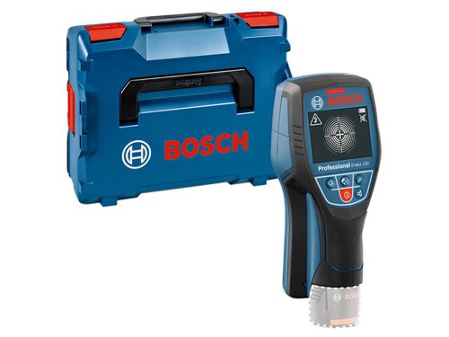 The Bosch D-TECT 120 Professional Wall Scanner is an intuitive radar scanner for almost all materials. Spot measurement provides accurate detection on narrow surfaces, while the centre finder shows the precise location of an object's centre. It has a simple user interface with three self-explanatory selection buttons for adjusting to various applications and it is able to detect objects at depths of up to 12cm. Audio and visual signals notify the user when objects are detected in the wall.It is suitable for a range of craftsmanship disciplines to locate pipes filled with water and cables as well as to avoid drilling mishaps when performing carpentry, plumbing, electrical, and HVAC applications.Dual Power Source technology allows for use with both a 12V Li-ion battery or standard alkaline batteries. Supplied with: 1 x Quick-start Card and 1 x L-BOXX 136.NO batteries supplied. Specifications:Max. Detection Depth: 120mm.Max. Magnetic Metal Detection Depth: 120mm.Max. Non-magnetic Metal Detection Depth: 80mm.Max. Live Cable Detection Depth: 60mm.Max. Wooden Substructures Detection Depth: 38mm.Power Supply: 12V Li-ion or 4 x AA 1.5 V LR6 Batteries.Automatic Deactivation: 5 minutes approx.Weight: 0.5kg.