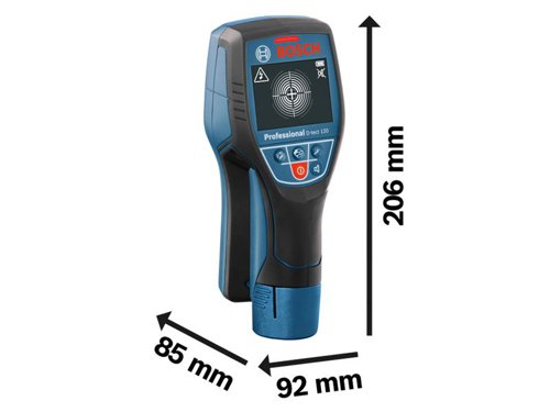 The Bosch D-TECT 120 Professional Wall Scanner is an intuitive radar scanner for almost all materials. Spot measurement provides accurate detection on narrow surfaces, while the centre finder shows the precise location of an object's centre. It has a simple user interface with three self-explanatory selection buttons for adjusting to various applications and it is able to detect objects at depths of up to 12cm. Audio and visual signals notify the user when objects are detected in the wall.It is suitable for a range of craftsmanship disciplines to locate pipes filled with water and cables as well as to avoid drilling mishaps when performing carpentry, plumbing, electrical, and HVAC applications.Dual Power Source technology allows for use with both a 12V Li-ion battery or standard alkaline batteries. Supplied with: 1 x Quick-start Card and 1 x L-BOXX 136.NO batteries supplied. Specifications:Max. Detection Depth: 120mm.Max. Magnetic Metal Detection Depth: 120mm.Max. Non-magnetic Metal Detection Depth: 80mm.Max. Live Cable Detection Depth: 60mm.Max. Wooden Substructures Detection Depth: 38mm.Power Supply: 12V Li-ion or 4 x AA 1.5 V LR6 Batteries.Automatic Deactivation: 5 minutes approx.Weight: 0.5kg.