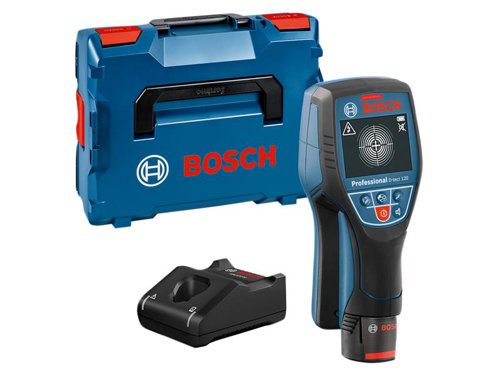 The Bosch D-TECT 120 Professional Wall Scanner is an intuitive radar scanner for almost all materials. Spot measurement provides accurate detection on narrow surfaces, while the centre finder shows the precise location of an object's centre. It has a simple user interface with three self-explanatory selection buttons for adjusting to various applications and it is able to detect objects at depths of up to 12cm. Audio and visual signals notify the user when objects are detected in the wall.It is suitable for a range of craftsmanship disciplines to locate pipes filled with water and cables as well as to avoid drilling mishaps when performing carpentry, plumbing, electrical, and HVAC applications.Dual Power Source technology allows for use with both a 12V Li-ion battery or standard alkaline batteries. Supplied with: 1 x Quick-start Card, 1 x 12V 2.0Ah Li-ion Battery, 1 x GAL 12V-40 Professional Quick Charger and 1 x L-BOXX 136.Specifications:Max. Detection Depth: 120mm.Max. Magnetic Metal Detection Depth: 120mm.Max. Non-magnetic Metal Detection Depth: 80mm.Max. Live Cable Detection Depth: 60mm.Max. Wooden Substructures Detection Depth: 38mm.Power Supply: 12V Li-ion or 4 x AA 1.5 V LR6 Batteries.Automatic Deactivation: 5 minutes approx.Weight: 0.5kg.