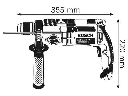 Bosch GSB 21-2 RE Professional Impact Drill with a high-performance motor and sturdy metal gear housing for a long lifetime. The anti-rotation mechanical overload clutch provides a high level of work safety, even in the toughest applications.Supplied with: 1 x Keyless Chuck 13mm, 1 x Auxiliary Handle, 1 x Depth Stop 210mm and 1 x Carry Case.Specifications:Bit Holder: 1/2in-20 UNF.Input Power: 1,100W.No Load Speed: 0-900/3,000/min.Impact Rate: 0-15,300/51,000/bpm.Max. Torque: 40Nm.Weight: 2.85kg.1 x Bosch GSB 21-2 RE Professional Impact Drill 110V Version.