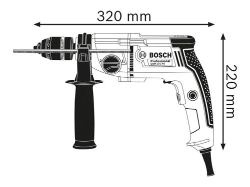 The Bosch GBM 13-2 RE Professional Rotary Drill has a powerful motor and high torque deliver for fast work progress, enabling the drilling of holes in steel of up to 13mm in diameter. Its 2-speed gearbox and speed preselection setting wheel allow for accurate performance in versatile applications.The GBM 13-2 RE Professional includes the option of selecting 1 out of 3 different chucks, and features right-left rotation, rotation control clutch, and speed selection, as well as variable speed. Its compact, ergonomic design provides good tool handling for precise work. Intended for drilling in metal and wood.Supplied with: 1 x Keyless Chuck 13mm, 1 x Auxiliary Handle, 1 x Depth Stop 210mm.Specifications:Chuck: 13mm Keyless.Drill Spindle Connecting Thread: 1/2in-20 UNF.Spindle Collar Diameter: 43mm.Input Power: 750W.No Load Speed: 0-1,100/3,300/min.Max. Torque: 39.5 / 12.5Nm.Drilling Diameter: Aluminium 20/12mm, Wood 32/20mm, Steel 13/8mm.Weight: 2.4kg.1 x Bosch GBM 13-2 RE Professional Rotary Drill 110V Version.