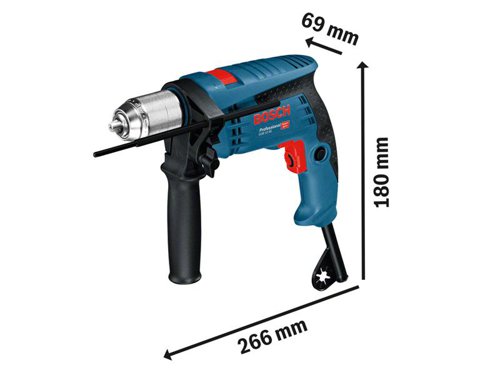 The Bosch GSB 13 RE Impact Drill is fitted with a robust, twin-sleeve keyless 13mm chuck made of metal for fast tool changes. It is extremely handy, no bigger than a glove and light weight at 1.6kg. It has a softgrip handle for a secure, comfortable hold.Fitted with electronic control for exact pilot drilling, speed preselection with setting wheel, and forward/reverse rotation.Specifications:Input Power: 240V 550W, 110V: 600W.No Load Speed: 0-2,800/min.Impact Rate: 0-44,800/bpm.Torque: 10.8Nm.Chuck: 13mm.Capacity: Concrete: 13mm, Wood: 25mm, Steel: 10mm, Masonry: 15mm.Weight: 1.5kg.Bosch GSB 13 RE 13mm Keyless Chuck Impact Drill 550 Watt 240 Volt Version.Bosch GSB 13 RE 13mm Keyless Chuck Impact Drill 600W 110V Version.