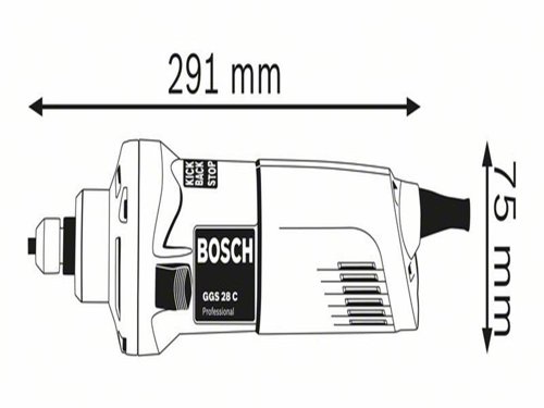 Bosch GGS 28 C Professional Straight Grinder for universal grinding. Its compact and ergonomic shape makes it suitable for versatile work. The machine´s 650W motor with soft start enables fast work progress. Additionally, user protection is increased due to its KickBack Control feature. This tool is intended for grinding metal. It also includes features such as constant speed, direct motor cooling, and overload protection.Specifications:Input Power: 650W.No Load Speed: 30,000/min.Spindle Collar Diameter: 43mm.Max. Collet Diameter: 8mm.Max. Grinding Tool Diameter: 50mm.Spanner Size of Locking Nut: 19mm.Spanner Size of Grinding Spindle: 19mm.Weight: 1.4kg.Bosch GGS 28 C Professional Straight Grinder 110V Version.