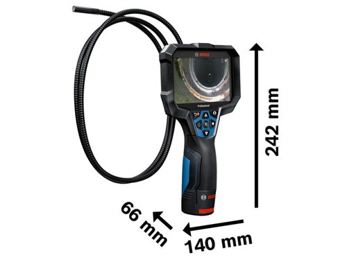 The Bosch GIC 12V-5-27 C Professional Inspection Camera has a large 5in display with a high-definition resolution of 1280 x 720 pixels for an in-depth view when investigating pipes, ducts, or other hard-to-reach areas. No matter which direction the camera head is facing, there's no need to reinterpret the image direction during use because of the AutoUp function. This enables optimal spatial orientation by automatically turning the image the right way up. The robust camera is designed to endure dust and water on tough job sites. It comes with an IP67 rating for the camera head, protecting it from dust and short periods of immersion in water, and IP54 dust and splash water protection for the tool. With the GIC 12V-5-27 C Professional, photos and video footage are easily transferred via USB-C® cable or Micro-SD card.The inspection camera is perfectly suited for many tradespeople applications such as, for example, inspecting the interior of distribution boxes, pipes, and wall cavities as well as for hydraulic systems and applications in the automotive sector.Max. 30 min immersion for camera cable in: diesel, petrol, engine oil, AdBlue®, ethyl alcohol, salt water (26.5% salt content).Can be powered by a 12V Li-ion battery or with 4 x AA Batteries (adaptor required).Specifications:Display Size: 5in.Display Resolution: 1280 x 720 px.Diameter of Camera Head: 8.3mm.Length of Camera Cable: 150cm.Field of View (FOV): 75°.Focus Distance: 30 - 80mm.Photo Resolution: 1280 x 720.Video Resolution: 1280 x 720.Data Transfer: USB-C®, Micro-SD Card.Dust and Splash Protection: Camera Cable IP67, Tool IP54.Weight: 0.7kg.This Bosch GIC 12V-5-27 C Professional Inspection Camera is supplied with:1 x USB-Câ„¢ Cable.1 x Camera Cable for GIC, 8.3mm ˜ x 1.5m length.1 x Hook.1 x Magnet.1 x Mirror.1 x Micro SD-card 32 GB.4 x AA 1.5 V LR6 Batteries.1 x Battery Adaptor.