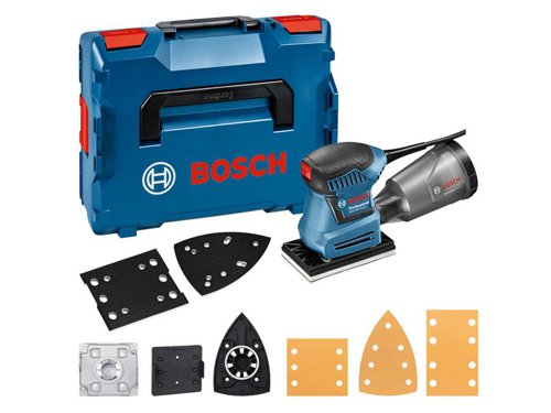 Bosch GSS 160 Multi Professional Orbital Sander for tackling multiple applications, including corners. Its ergonomic palm rest and a compact design ensure easy, comfortable handling. Supplied with three interchangeable pads enables work on edges and corners as well as on small flat surfaces. Its dust box is fitted with a built-in Bosch Micro Filter System, providing an efficient dust-extraction system for practically dust-free work.This orbital sander is intended for in-between sanding, surface finishing, and for sanding corners and small flat surfaces. It is applicable on wood, veneer, lacquer, filler, as well as mineral and acrylic surfaces. It is compatible with the Bosch Click & Clean System. The GSS 160 Professional Multi also includes a clamping system, a hook-and-loop system for fastening sanding paper, and is designed to enable one-handed use.Supplied with:3 x Sanding Sheets C470.1 x Base Plate with Sanding Plate 80 x 130mm.1 x Base Plate with Sanding Plate 113 x 101mm.1 x Delta Base Plate with Sanding Plate 100 x 150mm.1 x Dust Box incl. Microfilter.1 x Screwdriver.1 x Hole Punch.1 x L-BOXX Inlay.1 x L-BOXX 136.Specifications:Input Power: 180W.No Load Speed: 12,000/min.No Load Orbital Stroke Rate: 24,000/opm.Orbit Diameter: 1.6mm.Sanding Plate (Width x Length):Hook & Loop: 80 x 130mm.Hook & Loop, & Clamp: 113 x 101mm.Delta Hook & Loop: 100 x 150mm.Weight: 1.2kg.