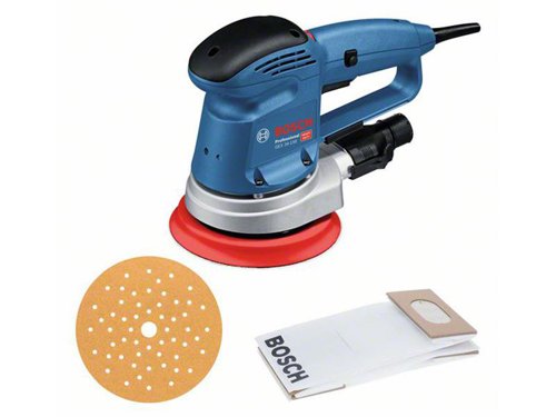 Bosch GEX 34-150 Professional Random Orbital Sander with constant speed and a high removal rate, delivers efficient results even on demanding surfaces. An aluminium bearing flange ensures a long tool lifetime and makes it perfect for tough applications. For using sanding sheets with different hole pattern, the GEX 34-150 is equipped with a multi-hole sanding pad also leading to a significantly increased dust extraction.This random orbit sander is intended for sanding, in-between sanding, lacquer removal, and surface finishing on wood, veneer, lacquer, and filler, as well as mineral and acrylic surfaces. Can be used with a dust box (integrated Bosch Microfilter System) or the Bosch Click & Clean System.Specifications:Input Power: 340W.No Load Speed: 4,500-12,000/min.Eccentricity: 2mm.Orbit Diameter: 4mm.Sanding Pad Diameter: 150mm.Weight: 2.1kg.Bosch GEX 34-150 Professional Random Orbital Sander 110V Version.