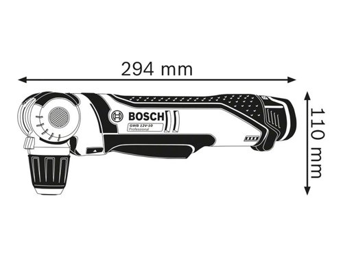 Bosch GWB 12V-10 Professional Angle Drill with a 5-position-pivoting head, ideal for a multitude of applications. The compact solution for hard-to-reach places. Additionally, this drill driver's slim, soft grip handle and extended-position trigger provide maximum comfort and control. With a speed range of 0-1,300rpm, it delivers fast working progress. Overload, overheating, and deep discharge are prevented by the drill´s Electronic Cell Protection.Comes as a Bare Unit, NO battery or charger.Compatible with all Bosch Professional 12V batteries and chargers (Professional 12V System).Specifications:Torque (Soft/Hard): 3/11Nm.Max. Drilling: Wood 10mm.Max. Screw Diameter: 6mm.