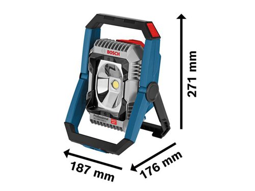 Bosch GLI 18V-2200 C Cordless Jobsite with a powerful LED, capable of producing up to 2,200 lumens for superior lighting conditions. It has two brightness settings, five flexible adjustment angles and a 5/8in tripod thread, allowing for quick adaptation to any work situation. The floodlight is splash-proof and dust-tight due to an IP 64-rated, robust battery cover. A Bluetooth connectivity module which offers convenient remote control and lighting adjustments via the MyTools tile in the Toolbox app. This floodlight is excellent for lighting up entire working areas for a full working day. Comes as a Bare Unit, NO battery or charger in a cardboard box.Compatible with all Bosch Professional 18V batteries, including ProCORE18V batteries and chargers (Professional 18V System). Also compatible with AMPShare, the multi-brand battery alliance.Specifications:Luminous flux: 2,200 lm.Number of Brightness Levels: 2.Weight: 1.9kg excl. battery.