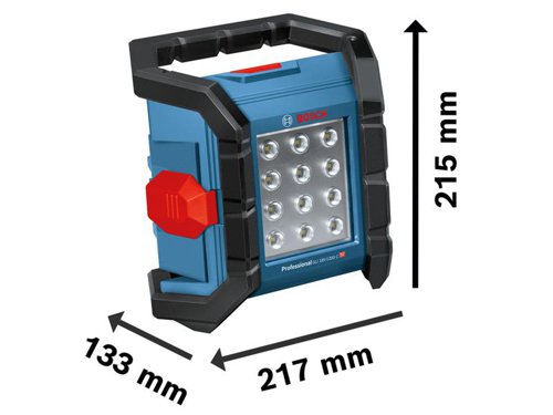 Bosch GLI 18V-1200 C Cordless Mini Jobsite Light with 12 powerful LEDs capable of delivering up to 1,200 lumens for excellent lighting conditions. It has two brightness settings, five flexible standing positions, and a 1/4in tripod thread, allowing for quick adaptation to any work situation. The floodlight is splash-proof and dust-tight due to an IP 64-rated, robust battery cover. A Bluetooth connectivity module offers convenient remote control and lighting adjustments via the MyTools tile in the Toolbox app. This floodlight is excellent for lighting up entire working areas for a full working day. Comes as a Bare Unit, NO battery or charger in a cardboard box.Compatible with all Bosch Professional 18V batteries, including ProCORE18V batteries and chargers (Professional 18V System). Also compatible with AMPShare, the multi-brand battery alliance.Specifications:Luminous flux: 1,200 lm.Number of Brightness Levels: 2.Weight: 1.4kg excl. battery.