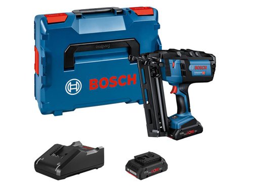 Bosch GNH 18V-64 M Professional Brad Nailer comes with single and contact activation (bump fire) firing modes. The mobile solution for quick and precise fastening of different materials. Operated without any compressor, air hose or expensive gas cartridge. When the nail magazine is empty, the workpiece is protected from damage by dry-fire lockout. Equipped with an intuitive User Interface (HMI) for easy activation of firing modes.The ideal choice for trim work on base boards, window and door casings, chair rails, and staircases and mouldings made of softwood (i.e., pine), hardwood (i.e., oak, maple, birch) and composite trim materials. Compatible with all Bosch Professional 18V batteries, including ProCORE18V batteries and chargers (Professional 18V System). Also compatible with AMPShare, the multi-brand battery alliance.Specifications:Magazine Capacity: 105.Nail Type: Brad Head Nail.Nail Length: 32-64mm.Nail Diameter: 1.6mm.Collation Angle: 20°.Weight: 2.9kg excl. battery.This Bosch GNH 18V-64 M Professional Brad Nailer is supplied with:2 x 18V 4.0Ah ProCORE18V Li-ion Batteries*.1 x Quick Charger GAL 18V-40 Professional.1 x L-BOXX 136.*ProCORE18V Li-ion Batteries deliver the same performance as standard batteries with an optimised size and weight.