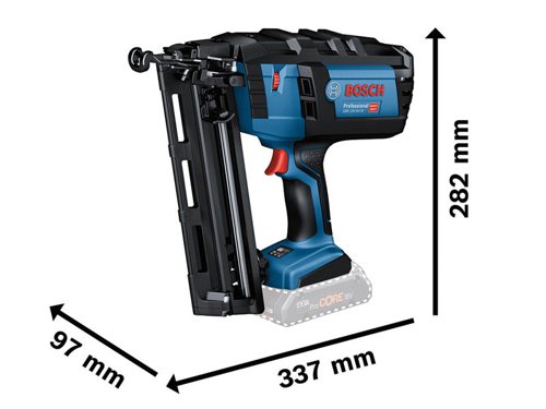 Bosch GNH 18V-64 M Professional Brad Nailer comes with single and contact activation (bump fire) firing modes. The mobile solution for quick and precise fastening of different materials. Operated without any compressor, air hose or expensive gas cartridge. When the nail magazine is empty, the workpiece is protected from damage by dry-fire lockout. Equipped with an intuitive User Interface (HMI) for easy activation of firing modes.The ideal choice for trim work on base boards, window and door casings, chair rails, and staircases and mouldings made of softwood (i.e., pine), hardwood (i.e., oak, maple, birch) and composite trim materials. Compatible with all Bosch Professional 18V batteries, including ProCORE18V batteries and chargers (Professional 18V System). Also compatible with AMPShare, the multi-brand battery alliance.Specifications:Magazine Capacity: 105.Nail Type: Brad Head Nail.Nail Length: 32-64mm.Nail Diameter: 1.6mm.Collation Angle: 20°.Weight: 2.9kg excl. battery.This Bosch GNH 18V-64 M Professional Brad Nailer is supplied with:2 x 18V 4.0Ah ProCORE18V Li-ion Batteries*.1 x Quick Charger GAL 18V-40 Professional.1 x L-BOXX 136.*ProCORE18V Li-ion Batteries deliver the same performance as standard batteries with an optimised size and weight.