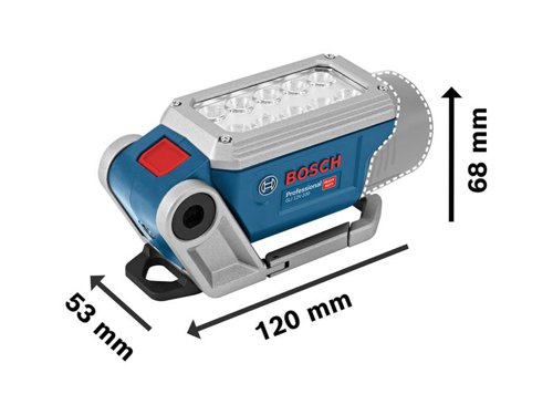 Bosch GLI 12V-330 Professional Cordless Light comes with 10 extremely bright LEDs and two brightness settings for perfect illumination. It also has a powerful magnet, carabiner, and hook, and an adjustable angle of up to 200° for flexible and fast setup in any environment. This worklight is perfect for lighting up small areas and has a 1/4in tripod thread.Comes as a Bare Unit, NO battery or charger in a cardboard box.Compatible with all Bosch Professional 12V batteries and chargers (Professional 12V System).Specifications:Luminous flux: 330 lm.Weight: 0.3kg excl. battery.