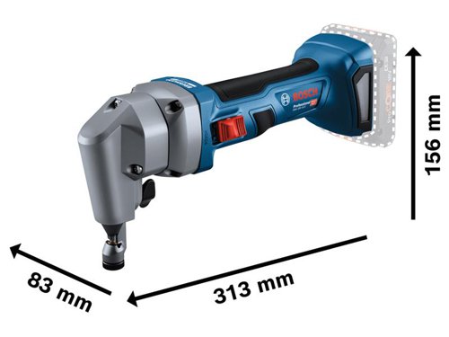 This Bosch GNA 18V-16 E Professional Nibbler delivers the same powerful performance as a 700W corded tool thanks to its efficient brushless motor technology. It is perfectly balanced and easy to handle due to its light weight and a grip size slimmed down to 156mm. With its high-quality robust design, maintenance-free components, and brushless motor power, this nibbler combines top performance and superior tool lifetime. Suitable for cutting a wide variety of steel and aluminium sheeting, ventilation pipes, and channelsComes as a Bare Unit, NO battery or charger in a cardboard box.Compatible with all Bosch Professional 18V batteries, including ProCORE18V batteries and chargers (Professional 18V System). Also compatible with AMPShare, the multi-brand battery alliance.Specifications:No-load Stroke Rate: 1,400/spm.Minimum Curve Radius: 40mm.Cutting Capacity:  Steel; (800 N/mm²) 0.7mm, (600 N/mm²) 1mm, (400 N/mm²) 1.6mm, Aluminium (200 N/mm²) 2mm.Cutting Track Width: 5mm.Pre-drilling for Interior Cut-outs: 22mm.Weight: 1.7kg excl. battery.