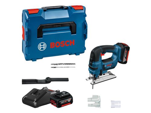 Bosch GST 18V-LI B Professional Jigsaw for curved and cross cuts in solid wood, chipboard, and wood composites as well as for thicker or harder materials. Its bow handle with variable speed trigger provides optimum and easy tool control. The jigsawâ€™s tool-free Bosch SDS-system makes changing saw blades easy. Supplied with: 1 x Anti-splinter Guard, 1 x Speed for Wood Jigsaw Blade T 244 D, 1 x Precision for Wood Jigsaw Blade T 308 BP, 1 x Precision for Wood Jigsaw Blade T 144 DP, 2 x 18V 4.0Ah Li-ion Batteries, 1 x Charger and 1 x L-BOXX 136.Compatible with all Bosch Professional 18V batteries and chargers (Professional 18V System). Also compatible with AMPShare, the multi-brand battery alliance.Specifications:Strokes at No Load: 0-2,700/min.Stroke Length: 23mm.Bevel Capacity: 0-45°.Capacity:  Wood 120mm, Aluminium 20mm, Unalloyed Steel 8mm.Weight: 2.4kg incl. battery.