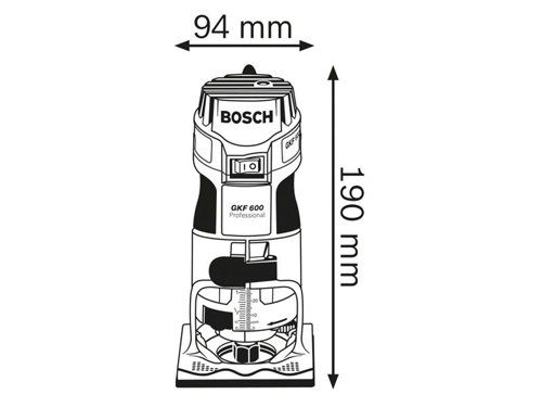 Bosch GKF 600 Professional Palm Router for precise edges. Its variable depth adjustment and tight-fitting motor unit enable exact settings and ensure accurate and precise results. Furthermore, a multitude of attachments offer versatility for a wide variety of applications. Intended for routing in wood and plastic. It is compatible with Bosch guide rails as well as the Bosch Click & Clean dust extraction system.Supplied with: 1 x 1/4in Collet with Nut, 1 x Parallel Guide, 1 x Pilot, 1 x Open-ended Spanner 17mm and 1 x Carrying Case.Specifications:Voltage: 240V.Input Power: 600W.No Load Speed: 33,000/min.Collet: 1/4in.Weight: 1.5kg.