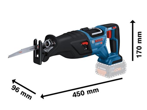 Bosch GSA 18V-28 Pro BITURBO Reciprocating Saw offers maximum cordless cutting performance, equivalent to that of a 1,100W corded reciprocating saw. Speed can be adjusted easily and is continuously variable via a trigger. It has a great power-to-weight ratio, which makes it easier and less exhausting to work with in any position. Designed for close-to-wall cuts in an upside-down cutting position.Its ergonomic design shows a curved upper part of the handle which conveniently supports multi-grip positions. The toolless snap-in function ensures simple, one-handed insertion and ejection of the saw blade. Ideal for demolition work involving a range of materials such as metal, wood, plastic, and insulation materials. Comes with an attachable rafter hook for balanced tool hanging.Compatible with all Bosch Professional 18V batteries, including ProCORE18V batteries and chargers (Professional 18V System). For maximum power use ProCORE18V â‰¥ 5.5 Ah. Also compatible with AMPShare, the multi-brand battery alliance.Specifications:Strokes at No Load: 2,900/min.Stroke Length: 28mm.Max. Cutting Depth: Wood 230mm, Metal Profiles & Pipes 150mm.Weight: 3.2kg excl. battery.This  Bosch GSA 18V-28 Pro BITURBO Reciprocating Saw comes as a Bare Unit, NO battery or charger in a cardboard box.Supplied with:1 x S 123 XF Progressor for Metal Reciprocating Saw Blade.1 x S 2345 X Progressor for Wood Reciprocating Saw Blade.