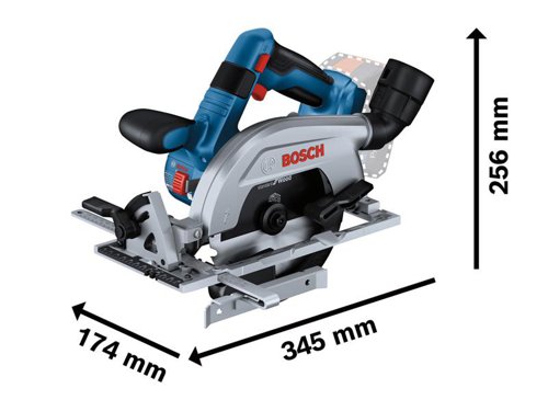 Bosch GKS 18V-57-2 L Professional Circular Saw with saw blade on the left. Delivers impressive performance thanks to its powerful brushless motor. It features a 360° rotatable dust port connector, which is compatible with the Click & Clean System. This supports high dust-extraction efficiency and ensures an increased user health protection.Equipped with a fast brake, dust blower function, LED light, front handle for perfect control and a spindle lock. It also offers the possibility to attach a separate rafter hook. The 165mm saw blade allows a cutting depth of 57mm in 90° cuts and is optimized for cordless working which ensures both, a fast cutting progress and maximized battery runtime.Compatible with all Bosch Professional 18V batteries, including ProCORE18V batteries and chargers (Professional 18V System). For maximum power use ProCORE18V â‰¥ 5.5 Ah. Also compatible with AMPShare, the multi-brand battery alliance.Specifications:No Load Speed: 5,000/min.Max. Cutting Depth: @90°: 57mm, @45°: 41mm.Blade: 165 x 20mm Bore.Weight: 2.8kg excl. battery.