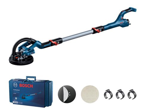 Bosch GTR 55-225 Professional Drywall Sander with a patented 'Ultra-Flexible Head' enabling effortless movement across walls and ceilings, and a reduced risk of surface damage. Its built-in ceiling suction feature minimises fatigue during extended applications, as the perceived weight of the tool is significantly reduced by the suction force generated from a connected vacuum.Also included on the GTR 55-225 is an ergonomic L-shaped auxiliary handle, providing maximum comfort and further reducing fatigue while sanding in awkward positions. Ideal for drywallers, plasterers, painters, and interior finishers carrying out extensive wall and ceiling sanding, or surface preparations.Supplied with:1 x Best for Wood + Paint Sanding Sheet M480, 180G.1 x Soft Pad Set (Backing & Intermediate) 215mm.1 x Universal Vacuum Adaptor.3 x Cable Clips.1 x Carry Case.Specifications:Input Power: 550W.No Load Speed: 340-910/min.Sanding Pad Diameter: 215mm.Sanding Sheet Diameter: 225mm.Overall Length: 1100-1700mm.Weight: 4.8kg.Bosch GTR 55-225 Professional Drywall Sander 110V Version.