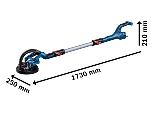 Bosch GTR 55-225 Professional Drywall Sander with a patented 'Ultra-Flexible Head' enabling effortless movement across walls and ceilings, and a reduced risk of surface damage. Its built-in ceiling suction feature minimises fatigue during extended applications, as the perceived weight of the tool is significantly reduced by the suction force generated from a connected vacuum.Also included on the GTR 55-225 is an ergonomic L-shaped auxiliary handle, providing maximum comfort and further reducing fatigue while sanding in awkward positions. Ideal for drywallers, plasterers, painters, and interior finishers carrying out extensive wall and ceiling sanding, or surface preparations.Supplied with:1 x Best for Wood + Paint Sanding Sheet M480, 180G.1 x Soft Pad Set (Backing & Intermediate) 215mm.1 x Universal Vacuum Adaptor.3 x Cable Clips.1 x Carry Case.Specifications:Input Power: 550W.No Load Speed: 340-910/min.Sanding Pad Diameter: 215mm.Sanding Sheet Diameter: 225mm.Overall Length: 1100-1700mm.Weight: 4.8kg.Bosch GTR 55-225 Professional Drywall Sander 110V Version.