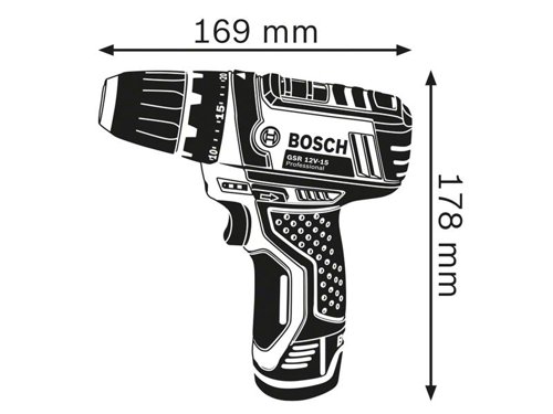 Bosch GSR 12V-15 Professional Drill Driver offers well-balanced performance and compactness in Bosch's 12V category. Its 30Nm hard torque and 0-1,300 rpm offer the best performance-to-size ratio. The compact design allows for optimum handling, making it ideal for working overhead and in tight spaces. Overload, overheating, and deep discharge are prevented by the drill drivers Electronic Cell Protection.Compatible with all Bosch Professional 12V batteries and chargers (Professional 12V System).Specifications:Chuck Capacity: 10mm.No Load Speed: 0-400/0-1,300/min.Max. Torque (Soft/Hard): 15/30Nm.Torque Settings: 1.Max. Screw Diameter: 7mm.Max. Drilling Diameter: Wood 19mm, Steel 10mm.Length: 169mm.Height: 178mm.Weight: 0.95kg incl. battery.This  Bosch GSR 12V-15 Professional Drill Driver is supplied with:2 x 12V 2.0Ah Li-ion Batteries.1 x GAL 12V-20 Compact Charger.1 x Small Tool Bag.