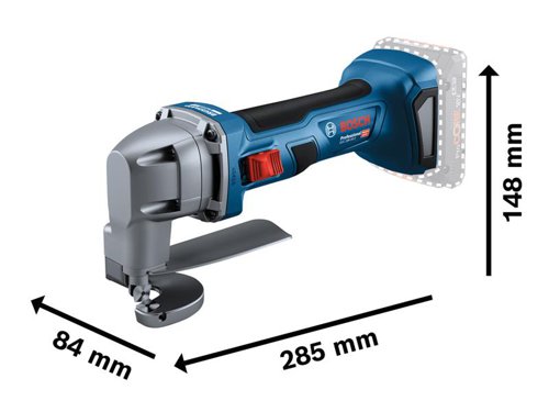 Bosch GSC 18V-16 E Professional Metal Shear for cutting in a wide range of materials, such as steel and aluminium sheeting, ventilation pipes, and channels. With its high-quality design, brushless motor power, and maintenance-free components, this robust shear is the ideal choice for a powerful, long-life metal cutting performance. The shearâ€™s perfect balance, light weight, and slimmed down grip to 156mm ensure effortless handling on the job. It offers restart protection for increased user protection.Comes as a Bare Unit, NO battery or charger.Compatible with all Bosch Professional 18V batteries and chargers (Professional 18V System).Specifications:Minimum Curve Radius: 20mm.Cutting Capacity: Steel: (800 N/mm²) 0.7mm, (600 N/mm²) 1.2mm, (400 N/mm²) 1.6mm, Aluminium (200 N/mm²) 2.2mm.Weight: 1.6kg excl. battery.