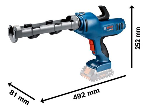 Bosch GCG 18V-310 Professional Caulking Gun for cartridges of up to 310ml. It can be used with all kinds of caulk and adhesive cartridges. Controlling material flow is easy thanks to the gun's speed selection with nine speed settings and a variable speed trigger. It enables fast working progress even with high viscosity adhesives with a push force of 3.5 kN and a maximum feed of 7mm per second. The tool's auto-reverse function relieves pressure on the plunger rod when the trigger is released, eliminating dripping and material overflow.Comes as a Bare Unit, NO battery or charger.Compatible with all Bosch Professional 18V batteries, including ProCORE18V batteries and chargers (Professional 18V System). Also compatible with AMPShare, the multi-brand battery alliance.Specifications:Push Force: 3.5 kN.Feed Rate: 7mm/sec.Cartridge Capacity: 310ml.Weight: 2.0kg excl. battery.