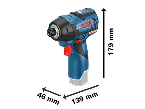 The Bosch GDR 12V-110 Professional Impact Driver comes with a brushless motor. Its compactness ensures perfect handling, even in the tightest spaces and overhead. For greater accuracy while screwdriving, the impact driver's 2-stage Power Control prevents the overtightening of small screws. Other features include a charge level indicator, Electronic Cell Protection, Li-ion, speed selection, and variable speed.Comes as a Bare Unit, NO battery or charger in a cardboard box.Compatible with all Bosch Professional 12V batteries and chargers (Professional 12V System).Specifications:Tool Holder: 1/4in Hex Uni.No Load Speed: 0-1,200/0-2,600/min.Impact Rate: 0-2,700/0-3,100/bpm.Max. Torque: 110Nm.Torque Settings: 2.Bolt Size: M4 - M12.Weight: 0.9 kg incl. battery.