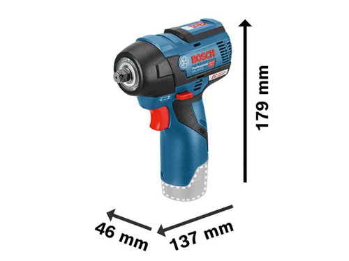 The Bosch GDR 12V-115 Professional Impact Wrench with a brushless motor. Its compactness ensures perfect handling, even in the tightest spaces and overhead. For greater accuracy whilst screwdriving, 2-stage Power Control prevents the overtightening of small screws. Other features include a charge level indicator, Electronic Cell Protection, Li-ion, speed selection, and variable speed.Comes as a Bare Unit, NO battery or charger in a cardboard box.Compatible with all Bosch Professional 12V batteries and chargers (Professional 12V System).Specifications:Tool Holder: 3/8in Square.No Load Speed: 0-1,200/0-2,600/min.Impact Rate: 0-2,700/0-3,100/bpm.Max. Torque: 110Nm.Torque Settings: 2.Bolt Size: M4 - M12.Weight: 0.9 kg incl. battery.