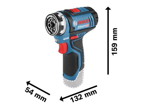 The Bosch GSR 12V-15 FC Professional Drill Driver is part of the Bosch Professional FlexiClick System, which prepares for all challenges on the job site. Redefine your limits thanks to the flexibility of five solutions in one compact tool. Perfect for hard-to-reach places due to its extremely compact design.Compatible with all Bosch Professional 12V batteries and chargers (Professional 12V System).Specifications:Chuck Capacity: 10mm.No Load Speed: 0-400/0-1,300/min.Max. Torque (Soft/Hard): 15/30Nm.Torque Settings: 20+1.Max. Screw Diameter: 7mm.Max. Drilling Diameter: Wood 19mm, Steel 10mm.Weight: 0.6kg excl. battery.This Bosch GSR 12V-15 FC Pro FlexiClick Drill Driver is supplied with:1 x GFA 12-B Drill Chuck Attachment.1 x 1/2 L-BOXX inlay for tool and charger.1 x 1/2 L-BOXX inlay for 12V adaptors.1 x L-BOXX 102.Bare Unit, NO battery or charger included in this set.