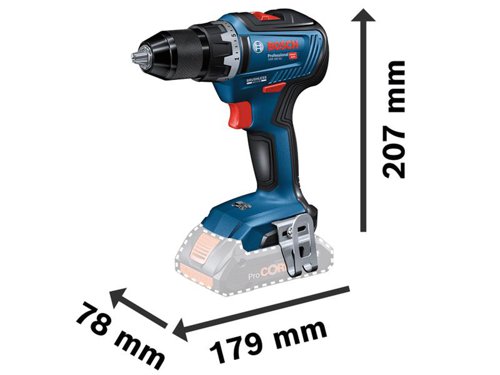 Bosch GSR 18V-55 Professional Drill Drive with brushless motor, ensures an extensive tool lifetime and longer battery run times. The ideal starter tool in Bosch's 18V category. With a high performance of 55 Nm and 1,800 RPM, it easily maximises efficiency on the job site, especially for work in wood, metal, and masonry.Its robust 13mm Roehm metal chuck delivers an ideal power transfer for the widest range of drilling, impact drilling, and screwdriving applications. Overload, overheating, and deep discharge are prevented by the drill drivers Electronic Cell Protection.Compatible with all Bosch Professional 18V batteries, including ProCORE18V batteries and chargers (Professional 18V System). Also compatible with AMPShare, the multi-brand battery alliance.Specifications:Chuck Capacity: 13mm.No Load Speed: 0-460/0-1,800/min.Max. Torque (Soft/Hard): 28/55Nm.Torque Settings: 20+2.Max. Screw Diameter: 10mm.Max. Drilling Diameter: Wood 35mm, Steel 13mm, Masonry 13mm.Length: 191mm.Height: 207mm.Weight: 1kg excl. battery.This Bosch GSR 18V-55 Professional Drill Driver comes as a Bare Unit, NO battery or charger in a car board box.