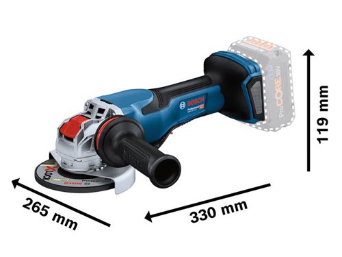 The Bosch GWX 18V-15 P Professional BITURBO Angle Grinder offers faster cutting and more metal removal than previous cordless grinders due to BITURBO Brushless technology.The PROtection switch, super-fast X-Brake, and KickBack Control provide increased user protection. Uses keyless X-LOCK system for quick, easy, and convenient accessory changes.Comes as a Bare Unit, NO battery or charger.Compatible with all Bosch Professional 18V batteries, including ProCORE18V batteries and chargers (Professional 18V System). Also compatible with AMPShare, the multi-brand battery alliance.Specifications:No Load Speed: 9,800/min.Disc Diameter: 125mm.