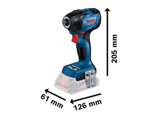 Bosch GDR 18V-210 C Professional Impact Driver with a 1/4in hexagonal bit holder. Delivers powerful performance whilst preventing damage to materials. Two default modes on the user interface, selftapping screw (A) and wood screw (B), mean more control and less broken or stripped off screwheads, worn-out threads, and damaged workpieces by slowing down or shutting off the impact driver. Each mode is customisable via the Bosch Toolbox App.Three speed/torque settings ensure impressive control and greater flexibility on the job. Comes with a status indicator, LED light, and belt clip for greater convenience.Comes as a Bare Unit, NO battery or charger in a cardboard box.Compatible with all Bosch Professional 18V batteries, including ProCORE18V batteries and chargers (Professional 18V System). Also compatible with AMPShare, the multi-brand battery alliance.Specifications:Tool Holder: 1/4in Hex Uni.No Load Speed: 0-1,100/0-2,300/0-3,400/min.Impact Rate: 0-2,200/0-3,300/0-4,100/bpm.Max. Torque: 80/60/210Nm.Bolt Size: M6 - M16.Weight: 1.1kg excl. battery.