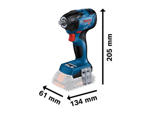 Bosch GDS 18V-210 C Professional Impact Wrench with a 1/2in square bit holder. Delivers powerful performance whilst preventing damage to materials. Two default modes on the user interface, selftapping screw (A) and wood screw (B), mean more control and less broken or stripped off screwheads, worn-out threads, and damaged workpieces by slowing down or shutting off the impact driver. Each mode is customisable via the Bosch Toolbox App.Three speed/torque settings ensure impressive control and greater flexibility on the job. Comes with a status indicator, LED light, and belt clip for greater convenience.Comes as a Bare Unit, NO battery or charger in a cardboard box.Compatible with all Bosch Professional 18V batteries, including ProCORE18V batteries and chargers (Professional 18V System). Also compatible with AMPShare, the multi-brand battery alliance.Specifications:Tool Holder: 1/2in square.No Load Speed: 0-1,100/0-2,300/0-3,400/min.Impact Rate: 0-2,200/0-3,300/0-4,100/bpm.Max. Torque: 90/160/210Nm.Max. Breakaway Torque: 370Nm.Bolt Size: M6 - M16.Weight: 1.1kg excl. battery.