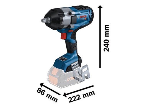 Bosch GDS 18V-1000 C Professional Impact Wrench with BITURBO brushless technology and adjustable modes for full power on tough jobs. Two default modes on the user interface, metal mode (A) and wood mode (B), to avoid broken screwheads and the loss of metal bolts or nuts, by slowing down or shutting off the impact wrench. Each mode is customisable via the Bosch Toolbox App. For added flexibility and control, this cordless impact wrench is equipped with three different speed/torque settings.Electronic Motor Protection prevents overload and ensures a longer tool lifetime. Overload, overheating, and deep discharge are prevented by the drill driver's Electronic Cell Protection. Ideal for tightening and removing metal bolts and nuts up to M24 in different working areas, from structural steel construction to pipe fitting, vehicle maintenance, or when using screws/lag bolts in wood construction.Compatible with all Bosch Professional 18V batteries, including ProCORE18V batteries and chargers (Professional 18V System). For maximum power use ProCORE18V â‰¥ 5.5 Ah. Also compatible with AMPShare, the multi-brand battery alliance.Specifications:Tool Holder: 1/2in square with friction ring.No Load Speed: 0-800/0-1,300/0-1,750/min.Impact Rate: 0-1,600/0-2,300/0-2,600/bpm.Max. Torque: 350/650/1,000Nm.Max. Breakaway Torque: 1,600Nm.Bolt Size: M14 - M24.Weight: 2.9kg excl. battery.This Bosch GDS 18V-1000 C Pro BITURBO Impact Wrench comes as a Bare Unit, NO battery or charger in a cardboard box.